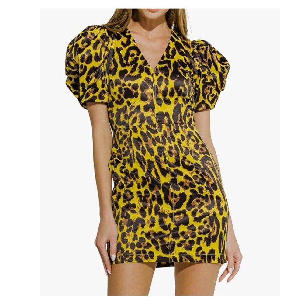 Endless Rose Leopard Print Puff Sleeve Mini Dress XS NWT V Neck Bodycon - Picture 2 of 9